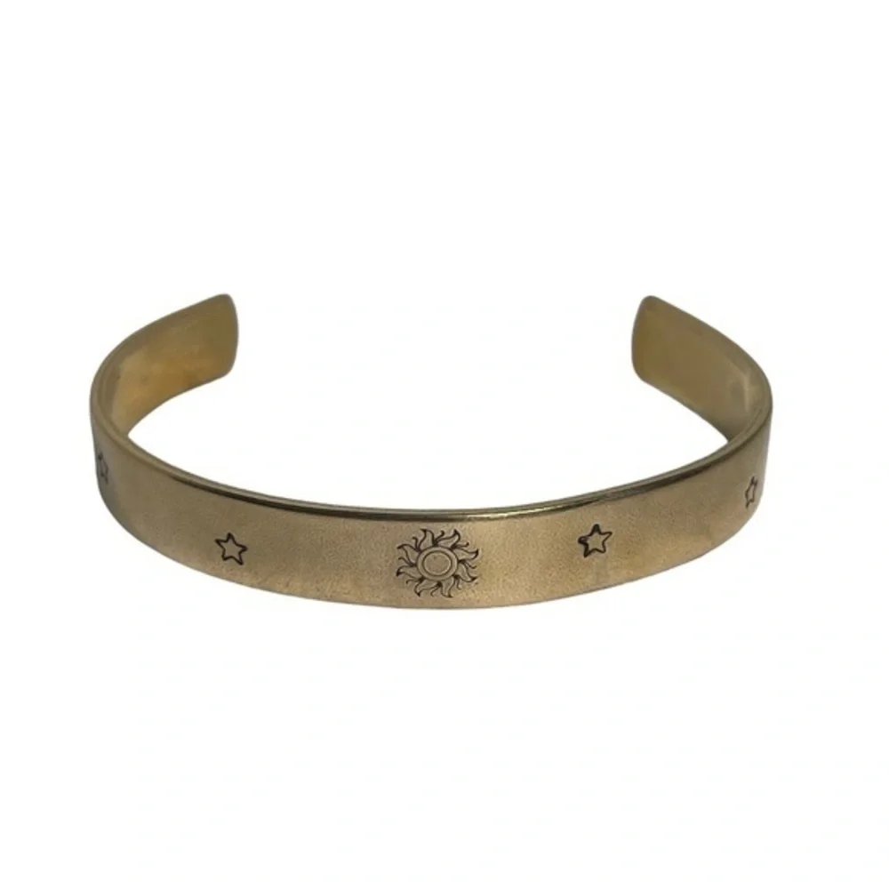 Handmade stamped‎ celestial sun & star adjustable stackable gold brass bracelet